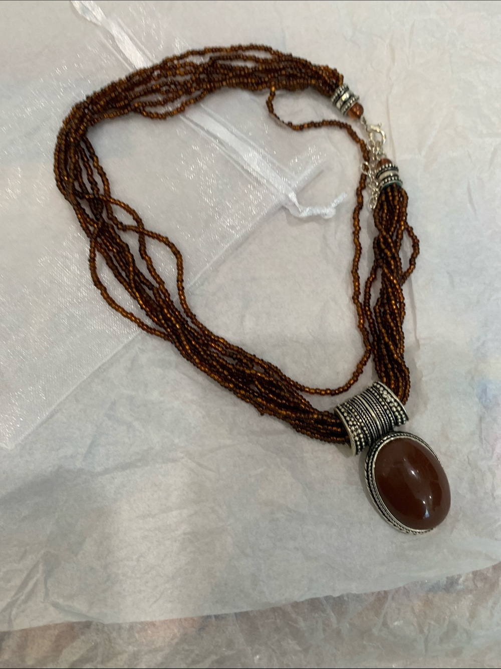 Vintage Cherokee Multi-Strand Brown Beaded Necklace with Oval Stone Pendant